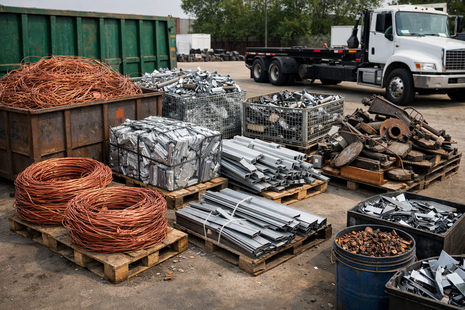 Variety of scrap metal materials including copper wire aluminum and steel staged for removal