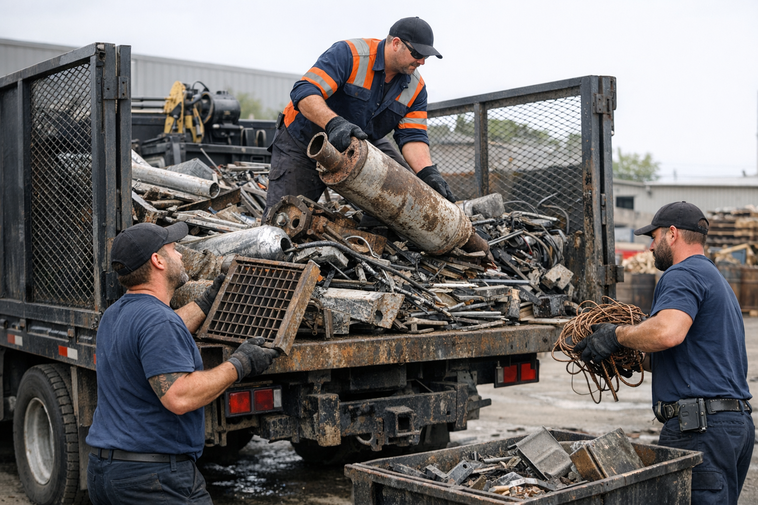 Professional crew loading scrap metal removal truck during on-demand pickup service
