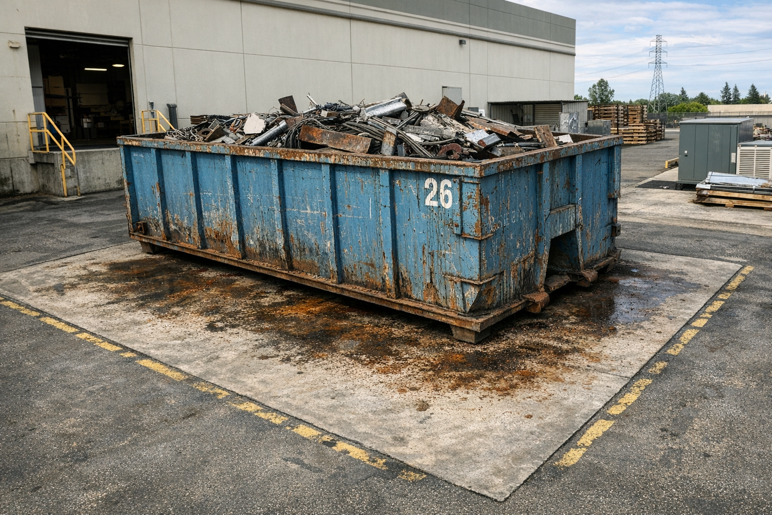 Large scrap metal dumpster positioned at commercial facility showing permanent footprint required