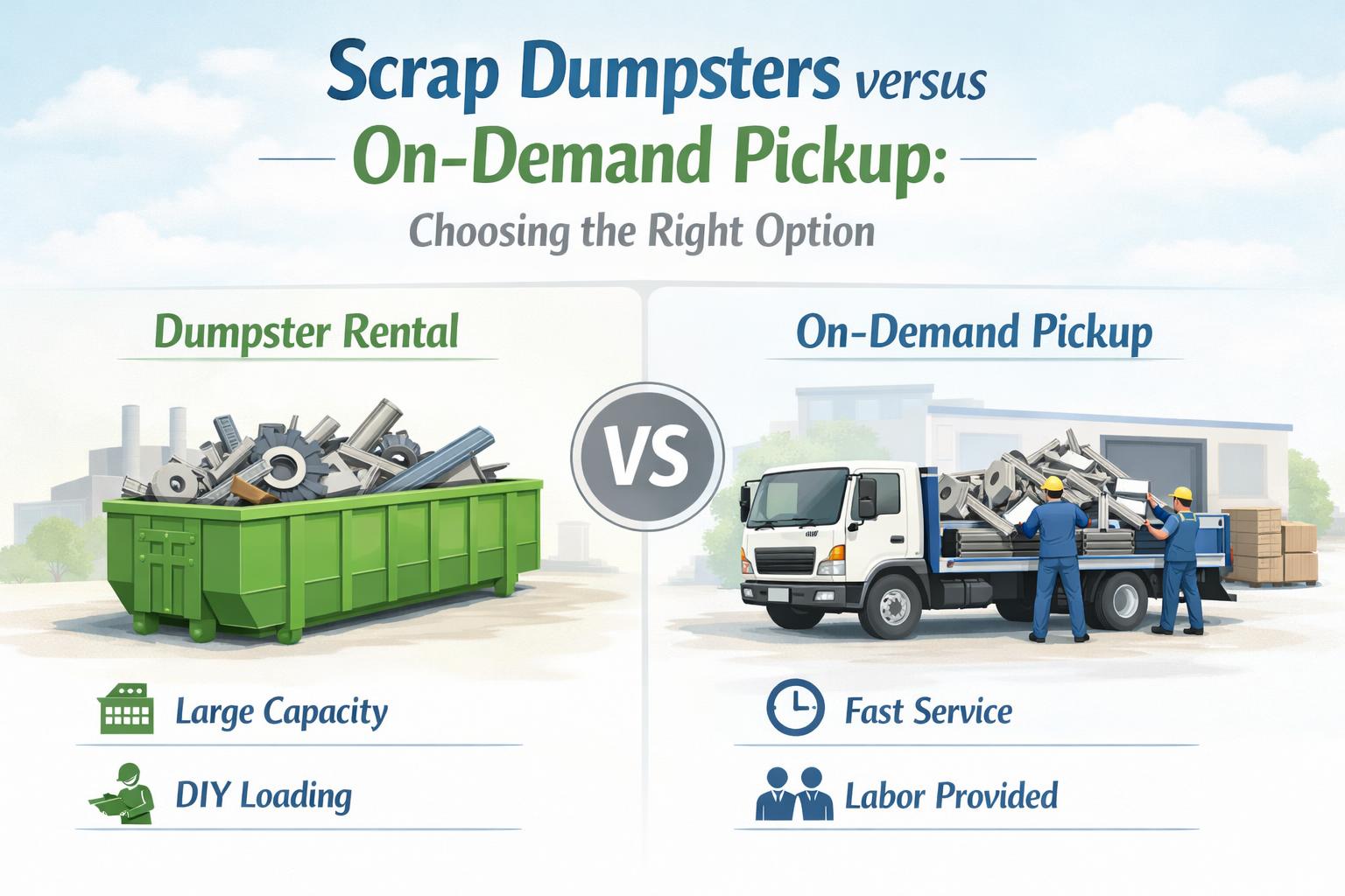 Comparison of scrap metal removal options showing dumpster rental versus on-demand pickup service for commercial facilities