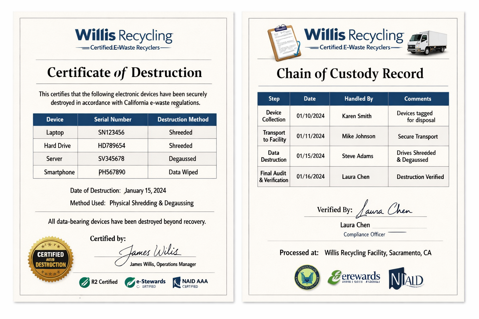 Certificate of destruction and chain of custody documentation for California e-waste regulations audits