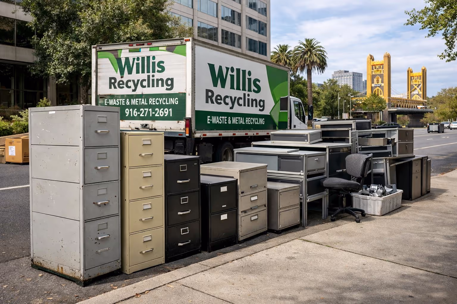 Metal Office Furniture Recycling Sacramento Metal filing cabinets and steel office furniture ready for business recycling pickup in Sacramento