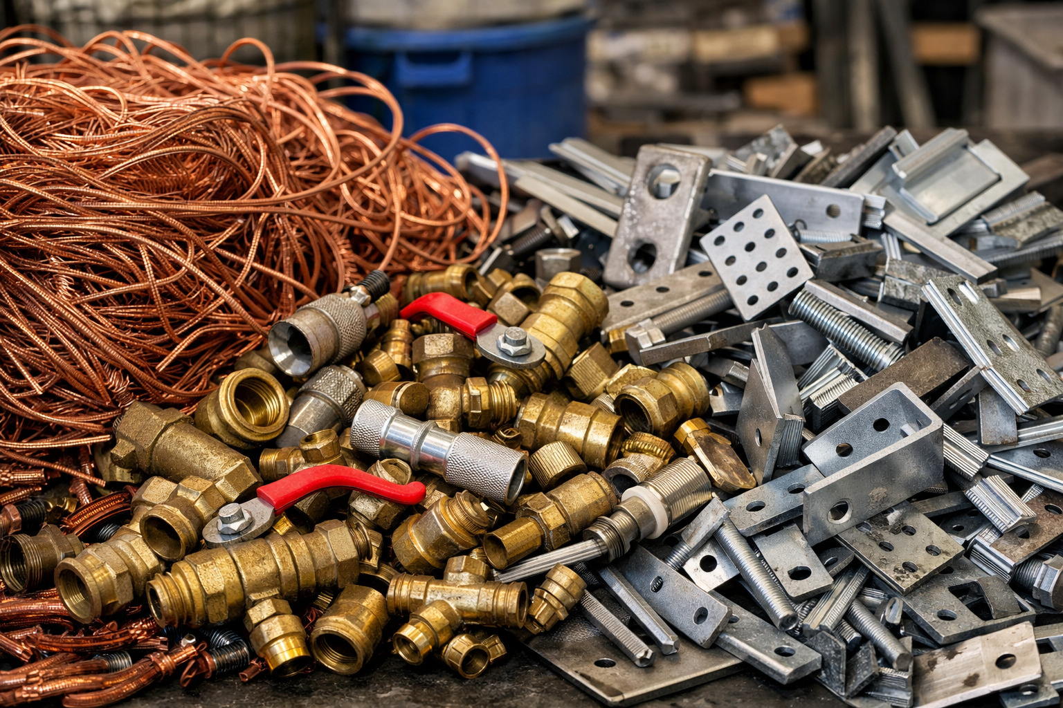 Scrap Metal Business Recycling Sacramento Assorted scrap metal including copper wire brass fittings and steel brackets for business recycling in Sacramento