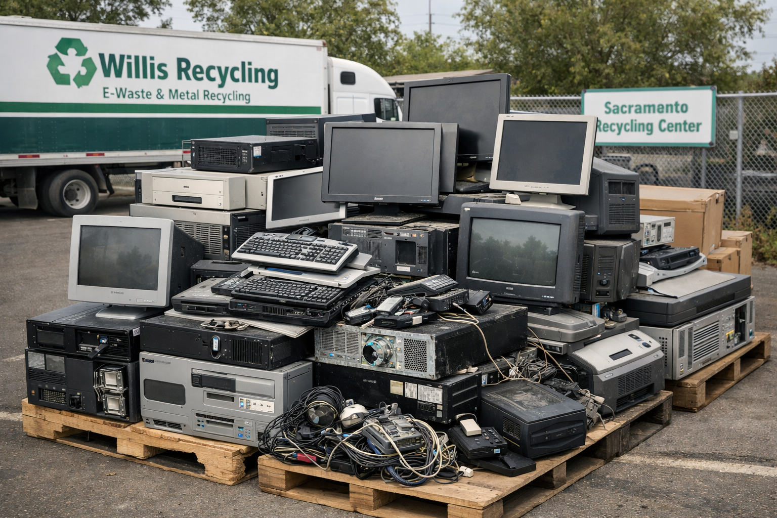 Business Recycling Electronics Sacramento Pile of old office electronics including monitors keyboards and computer equipment ready for business recycling in Sacramento