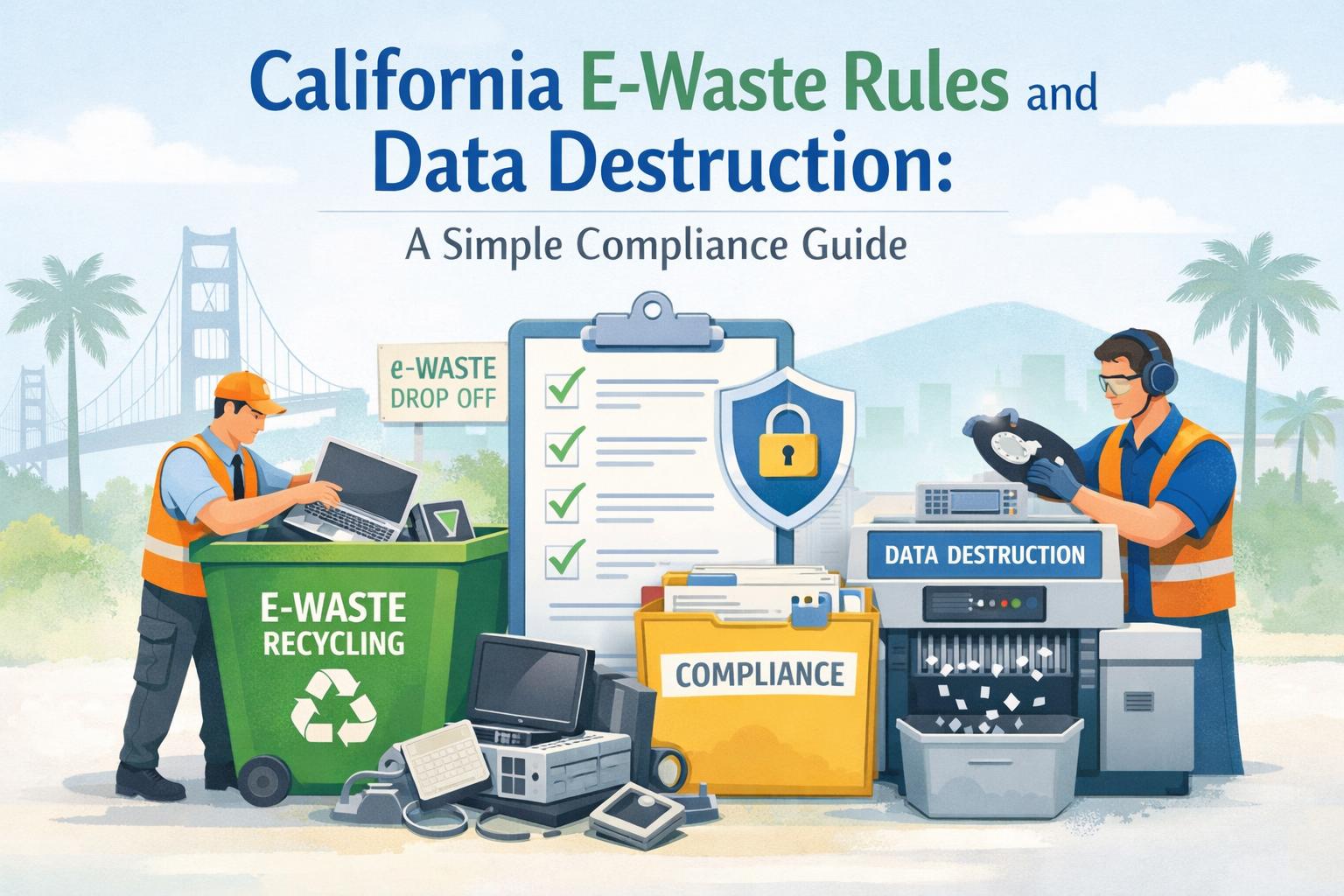 California e-waste regulations compliance showing proper electronic waste disposal and data destruction for businesses