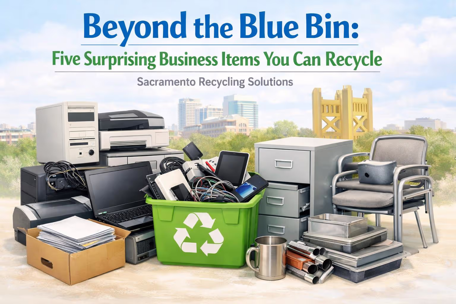 Business recycling Sacramento showing various recyclable office items including electronics and metal furniture