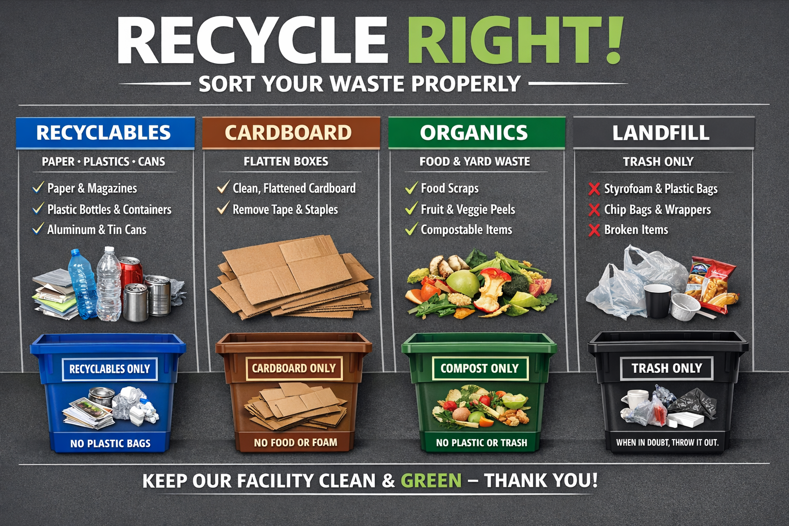 Effective Workplace Recycling Program Bin Signage workplace recycling program signage showing visual instructions for proper material sorting