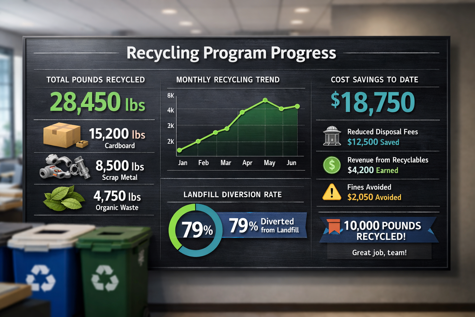 Workplace Recycling Program Progress Tracking Dashboard workplace recycling program progress dashboard showing pounds recycled and cost savings