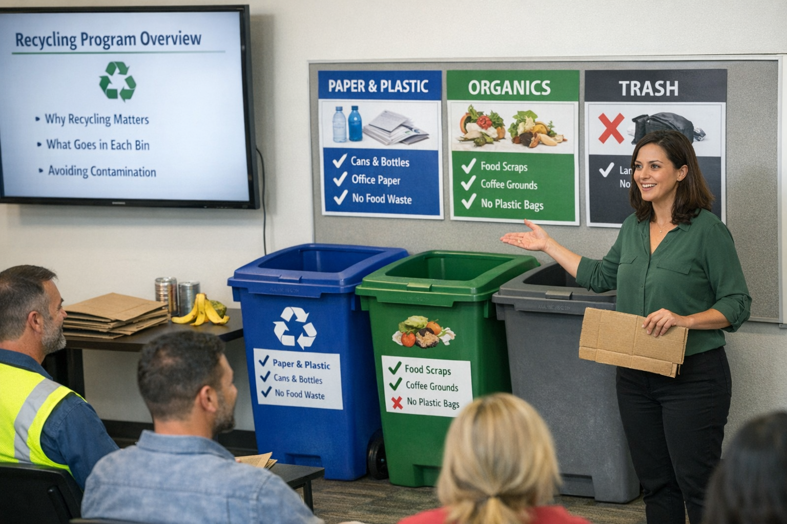 Workplace Recycling Program Training Session with Employees workplace recycling program training session with employees learning proper bin usage