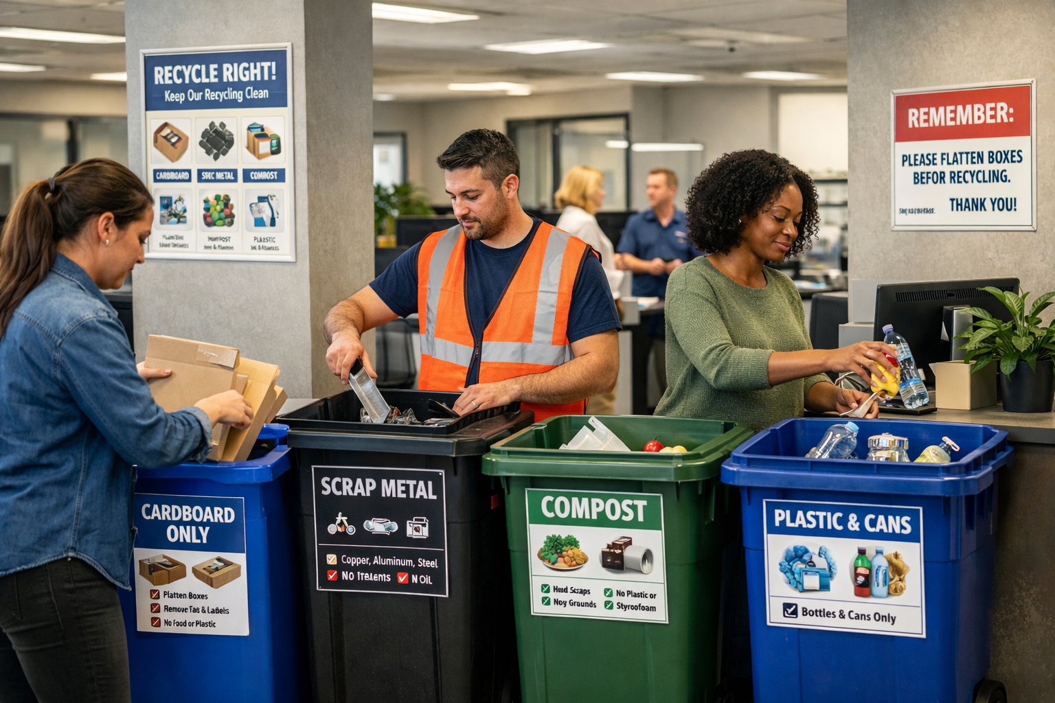 Workplace recycling program with employees using recycling bins in commercial facility