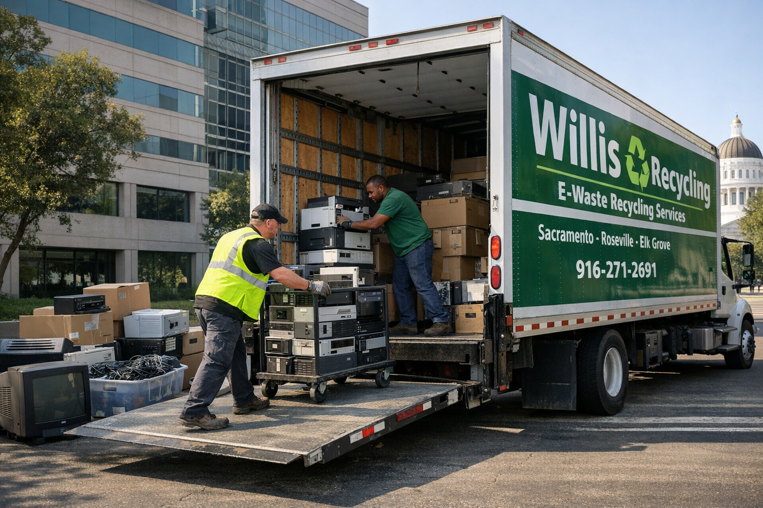 Willis Recycling truck loading business electronics for recycling pickup in Sacramento area