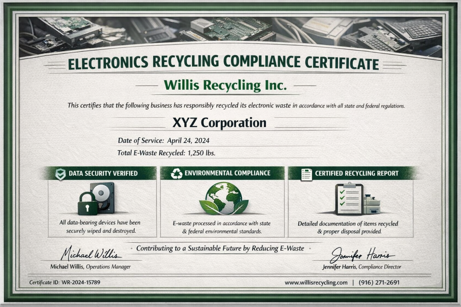 Electronics recycling compliance certificate showing documentation for business e-waste disposal