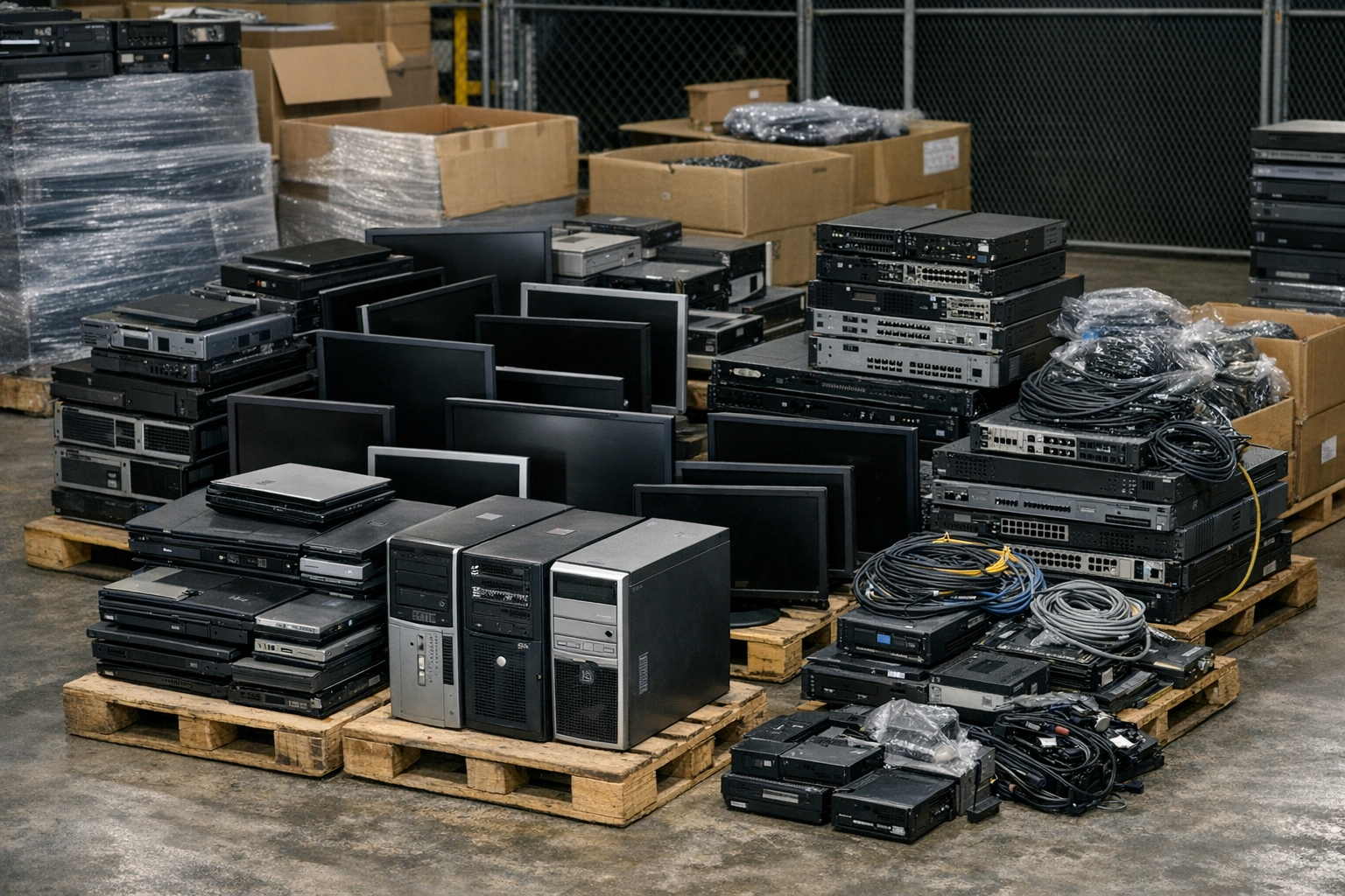 Business computers, monitors, and network equipment prepared for electronics recycling processing
