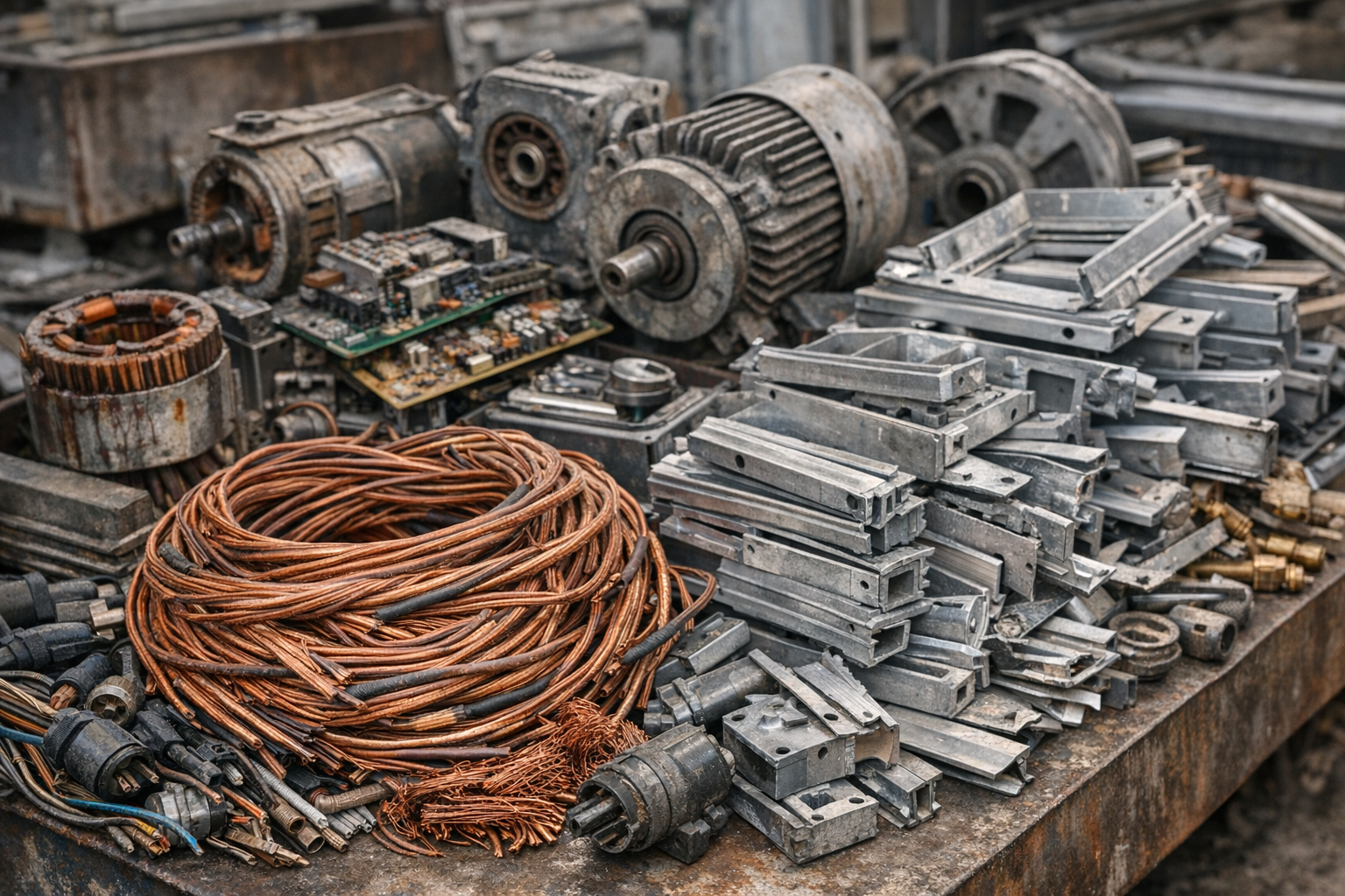 Copper wiring and aluminum components from old business equipment ready for scrap metal recycling