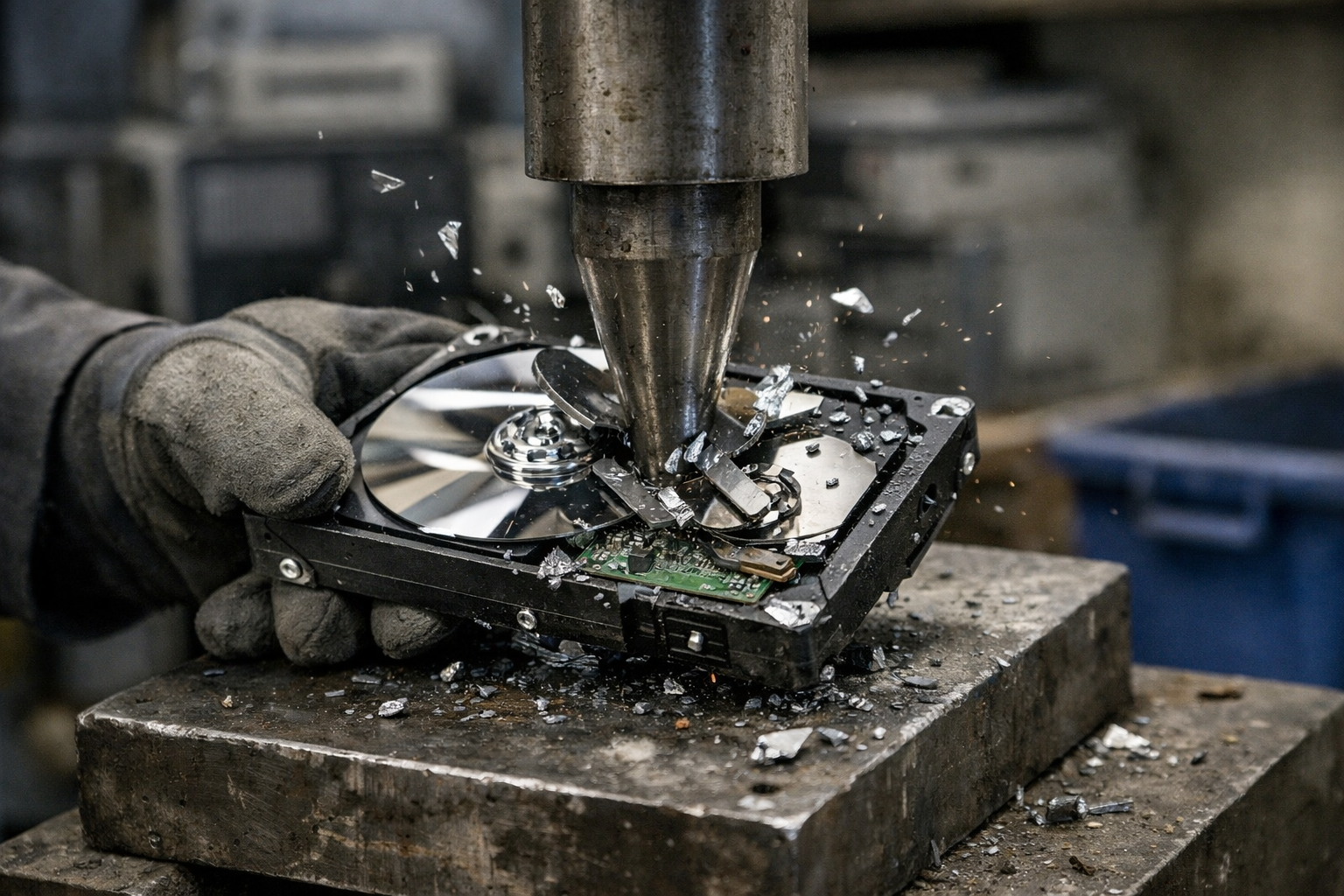 Hard drive being physically destroyed before disposing of old business equipment