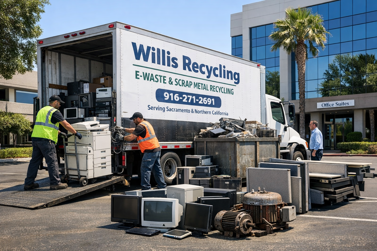 Mobile recycling truck disposing of old business equipment at Sacramento business location