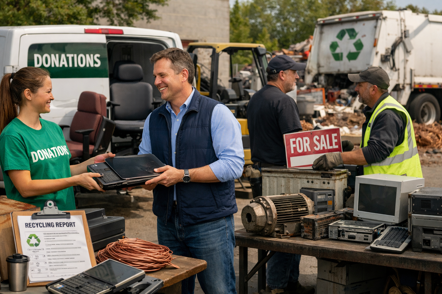 Business owner disposing of old business equipment responsibly through donation, resale, and recycling