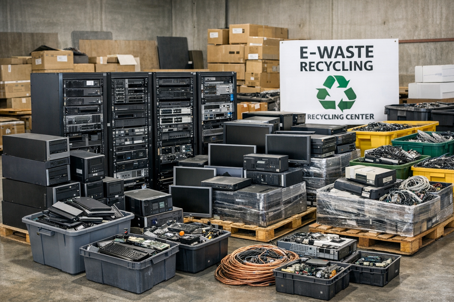 Office cleanout e-waste including computers, monitors, and servers ready for compliant recycling