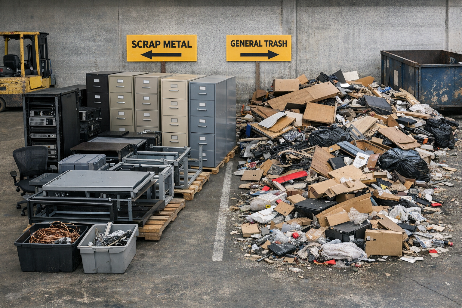 Office cleanout scrap recycling showing steel filing cabinets and metal furniture separated from debris