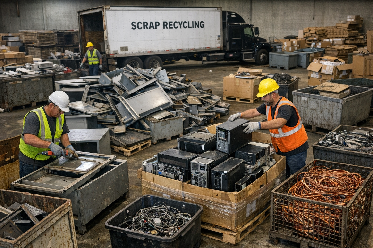 Steel desks and office furniture scrap recycling during commercial cleanout project
