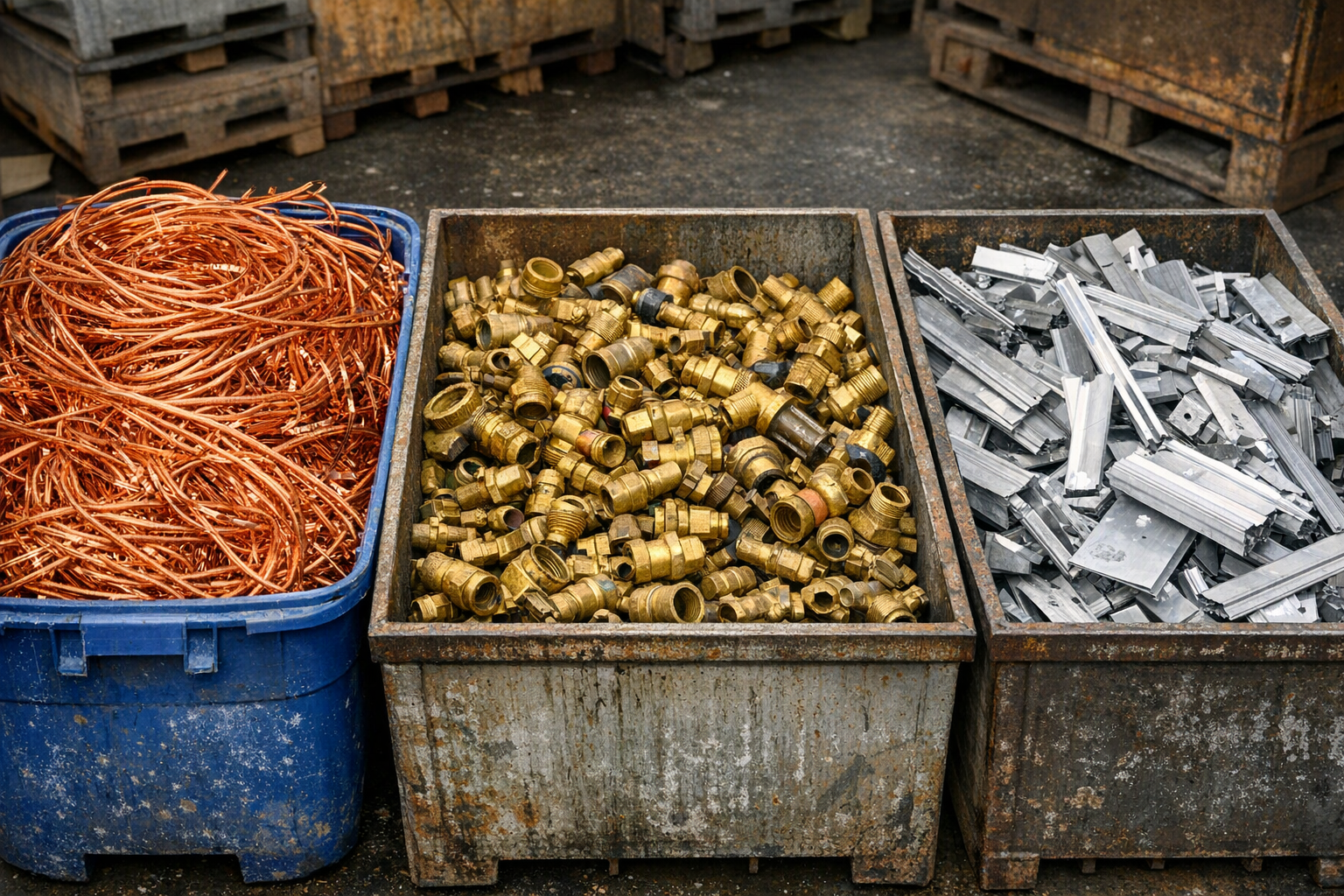 Separate bins containing sorted scrap metal including copper wire, brass fittings, and aluminum pieces