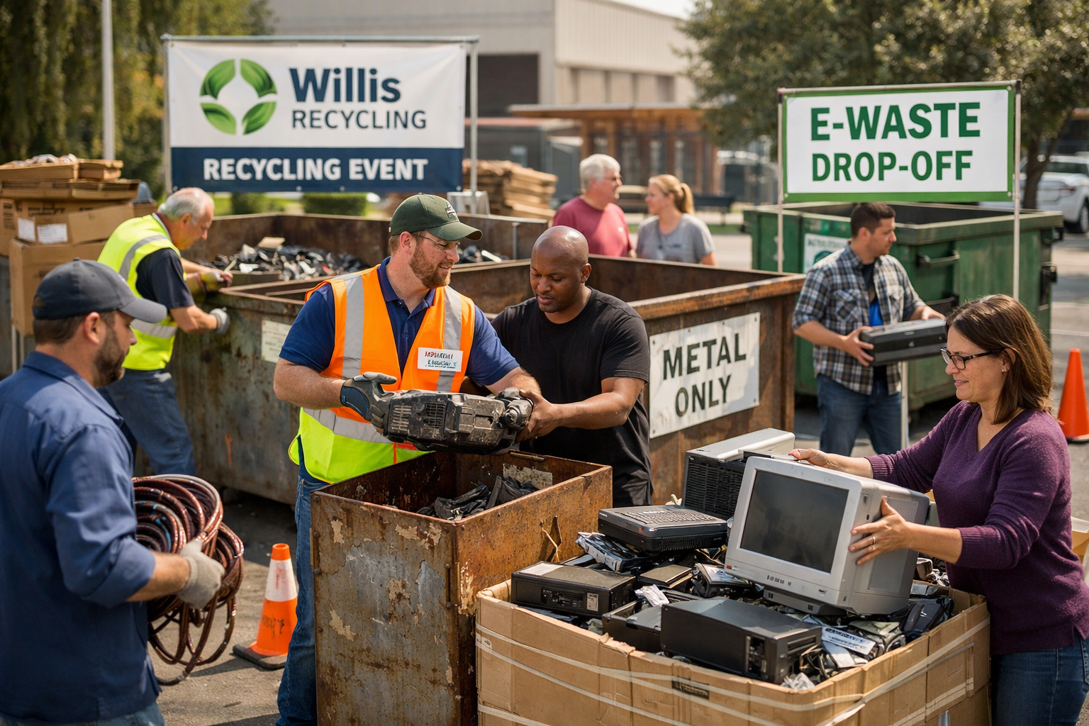 Employees Participating in Business Recycling Event Employees dropping off scrap metal and electronics at business recycling event collection station