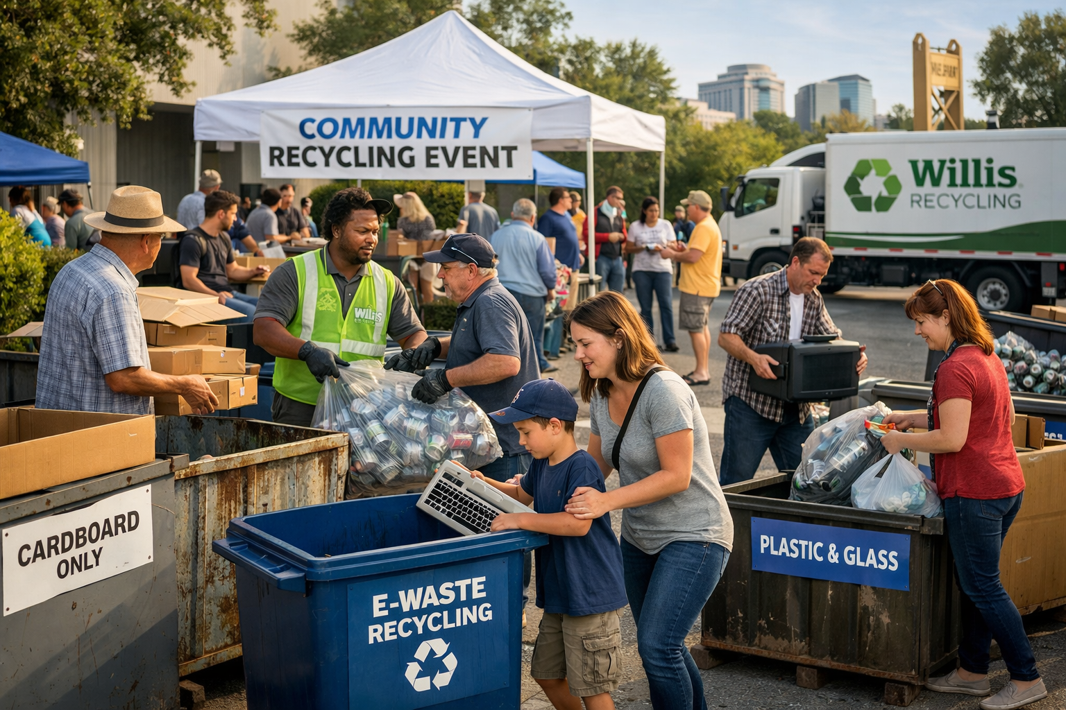 Community and Family Participation in Recycling Event Families and community members bringing recyclables to business recycling event in Sacramento
