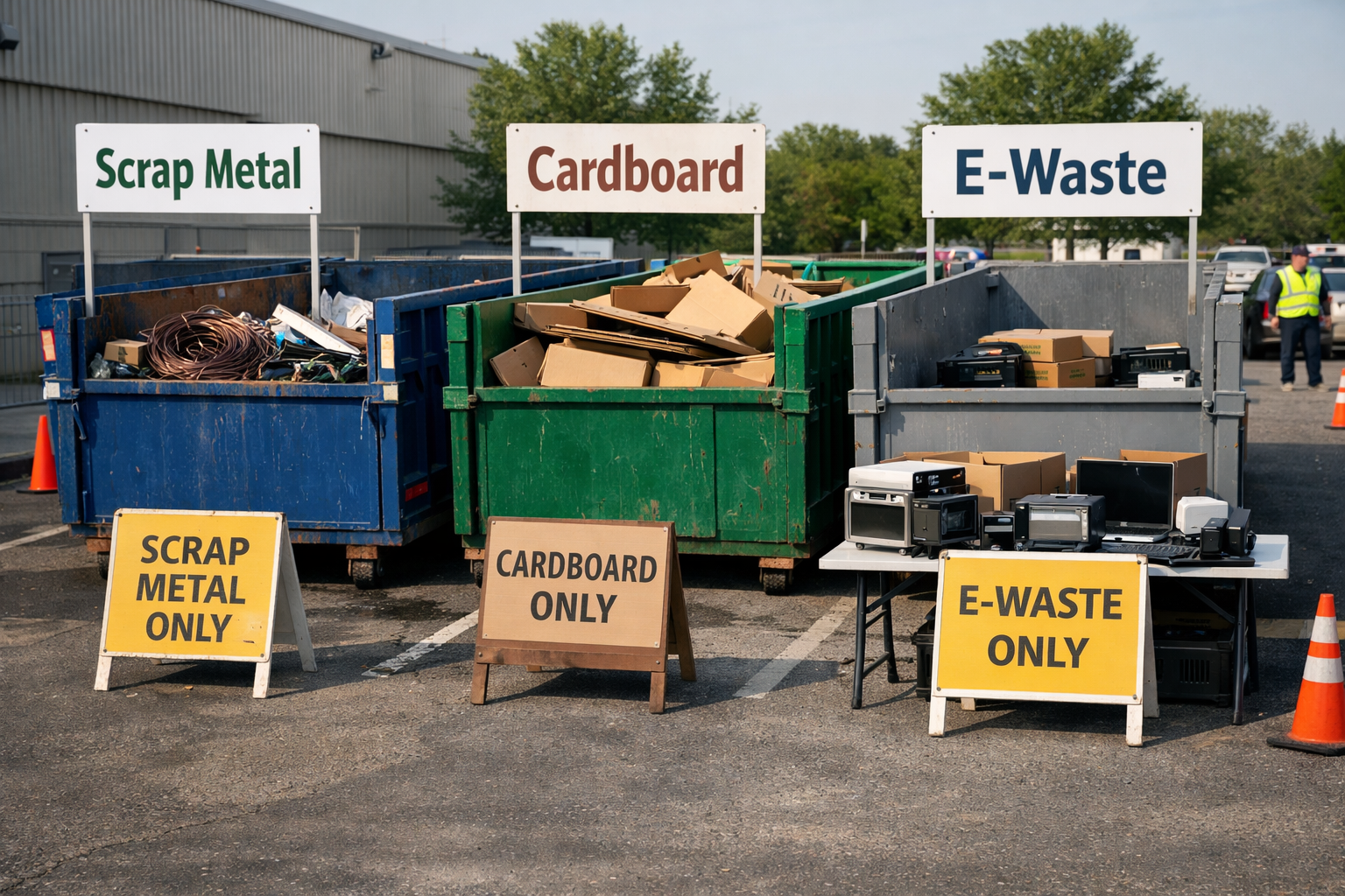 Collection Containers at Business Recycling Event Multiple collection containers for scrap metal, cardboard, and e-waste at business recycling event