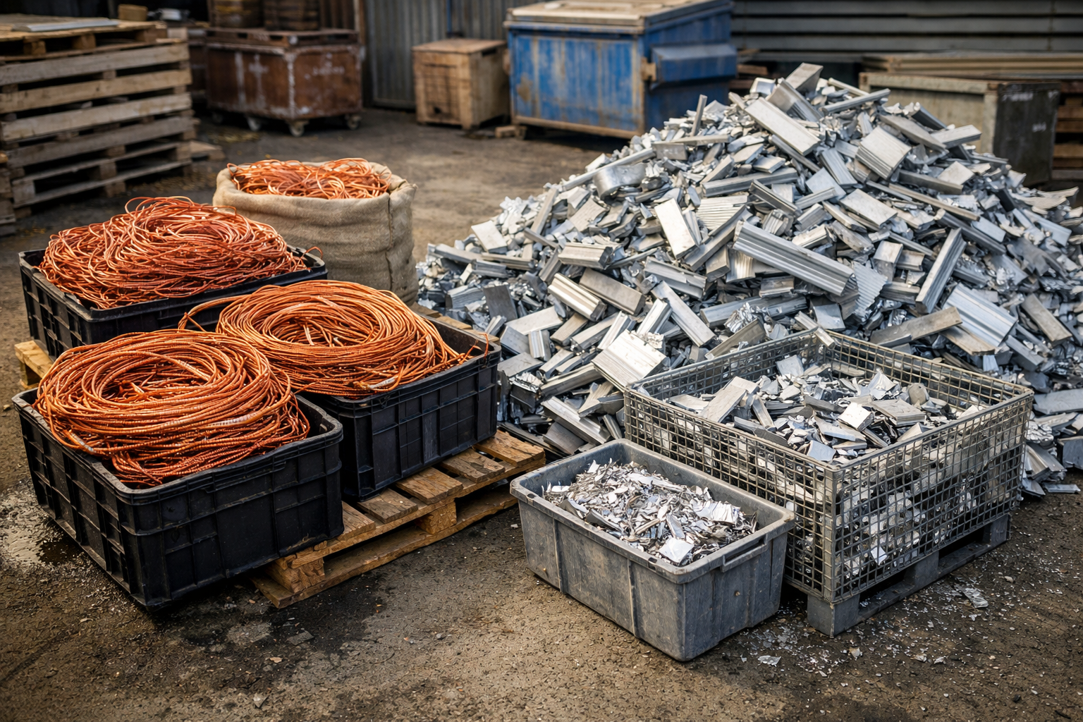 Separated copper wire and aluminum scrap metal ready for Sacramento recycling pickup
