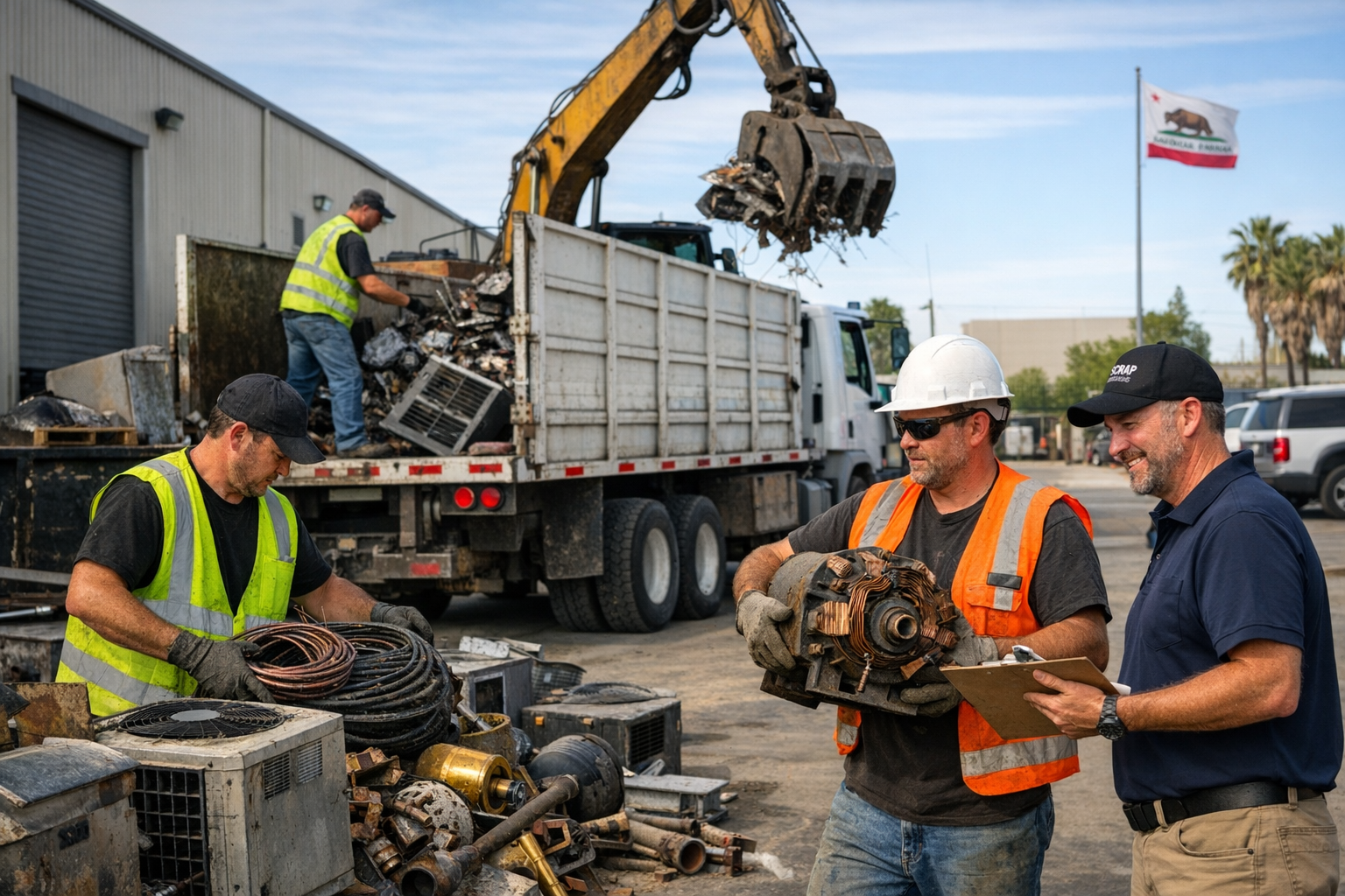 Mobile scrap metal management crew performing on-site pickup at Sacramento commercial facility