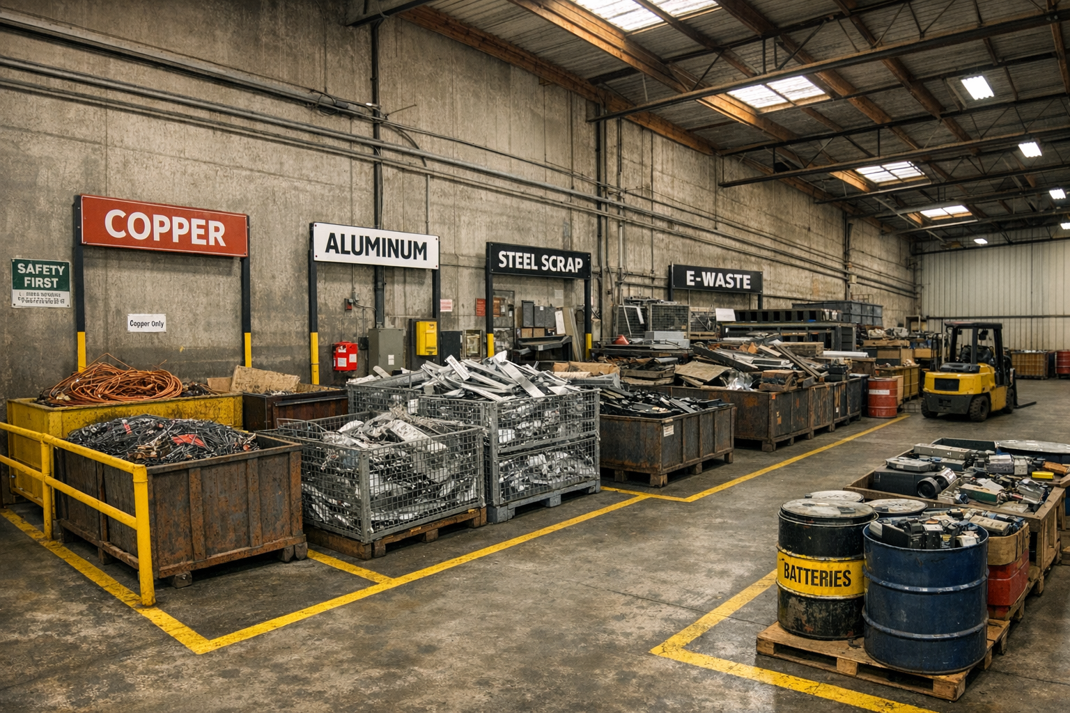 Sacramento warehouse showing organized scrap metal management with designated collection areas