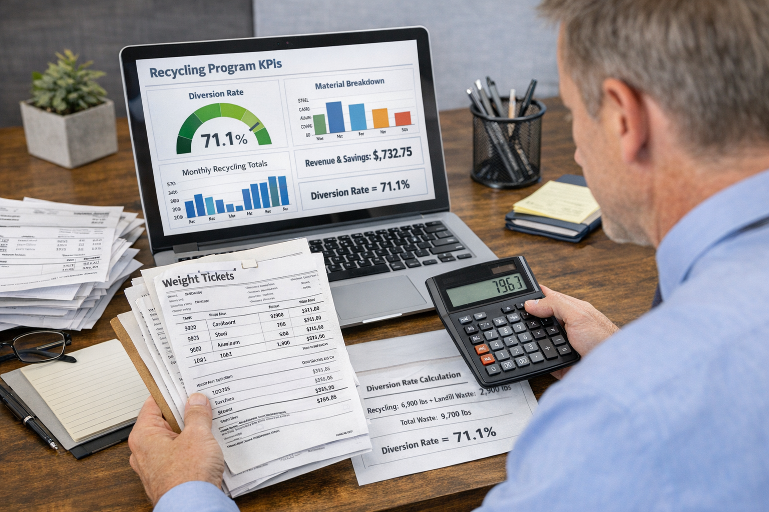 Business Owner Calculating Recycling Diversion Rate from Weight Data Business professional using recycling program weight tickets to calculate diversion rate and track KPIs