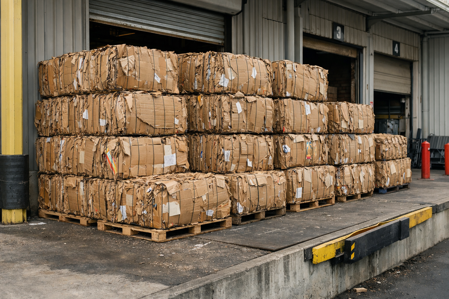 Stacked cardboard bales at warehouse loading dock prepared for recycling partner collection