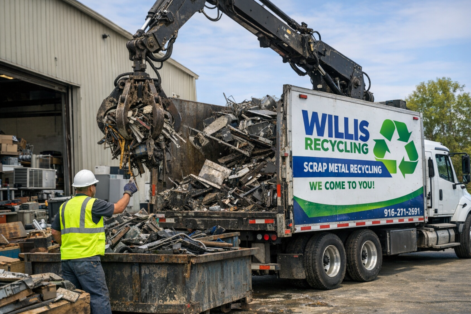 Mobile recycling partner truck loading scrap metal directly from Sacramento business facility