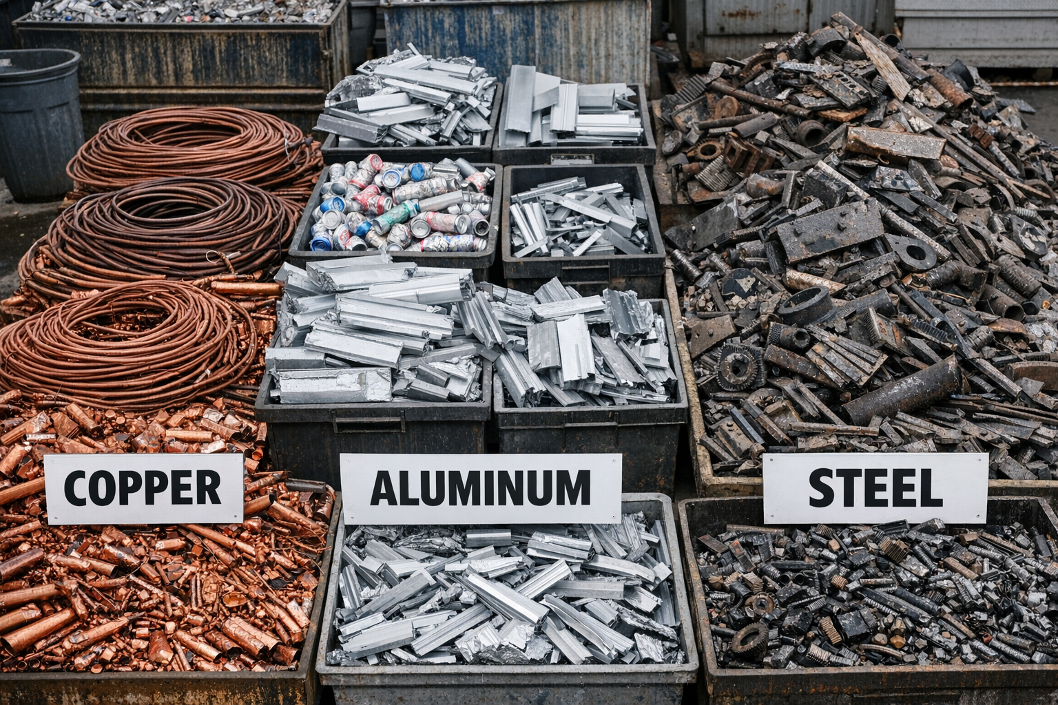 Various Scrap Metal Materials Sorted for Recycling Program Tracking Sorted scrap metal materials including copper, aluminum, and steel for recycling program metrics tracking