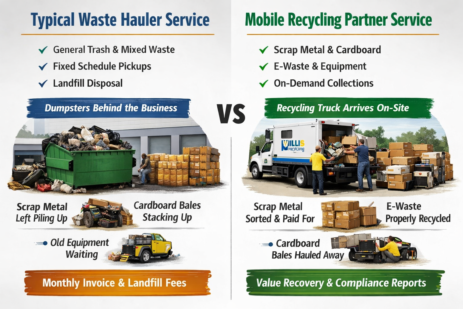 Comparison showing waste hauler dumpster service versus mobile recycling partner pickup for businesses