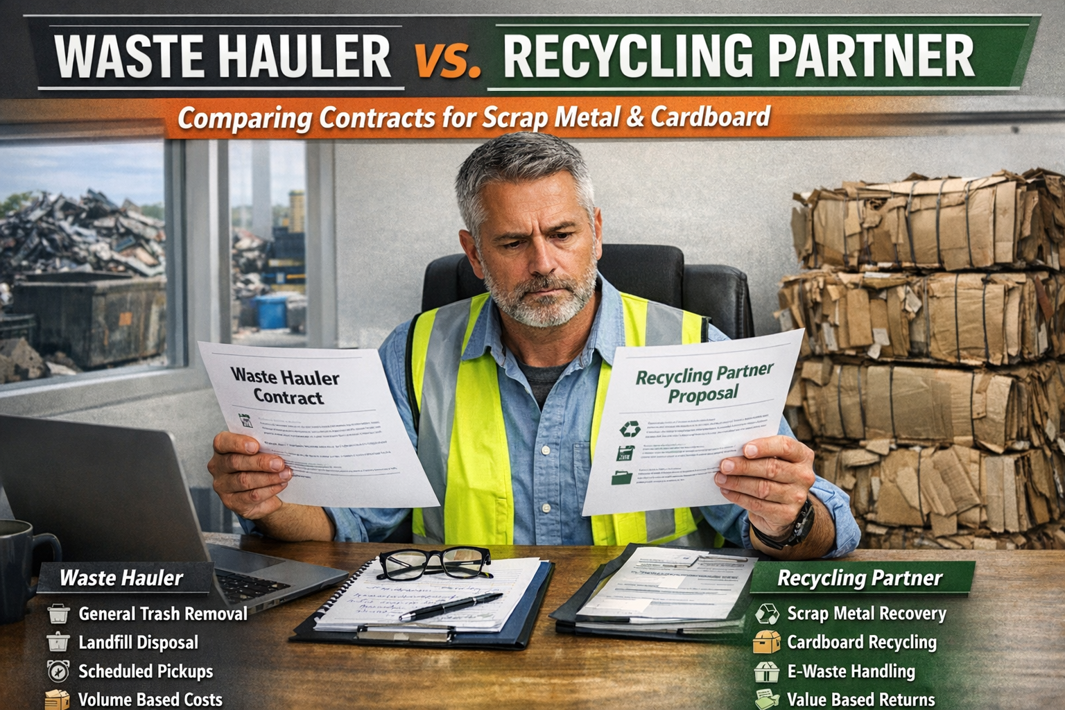 Business facility manager reviewing waste hauler contract versus recycling partner services for scrap metal and cardboard