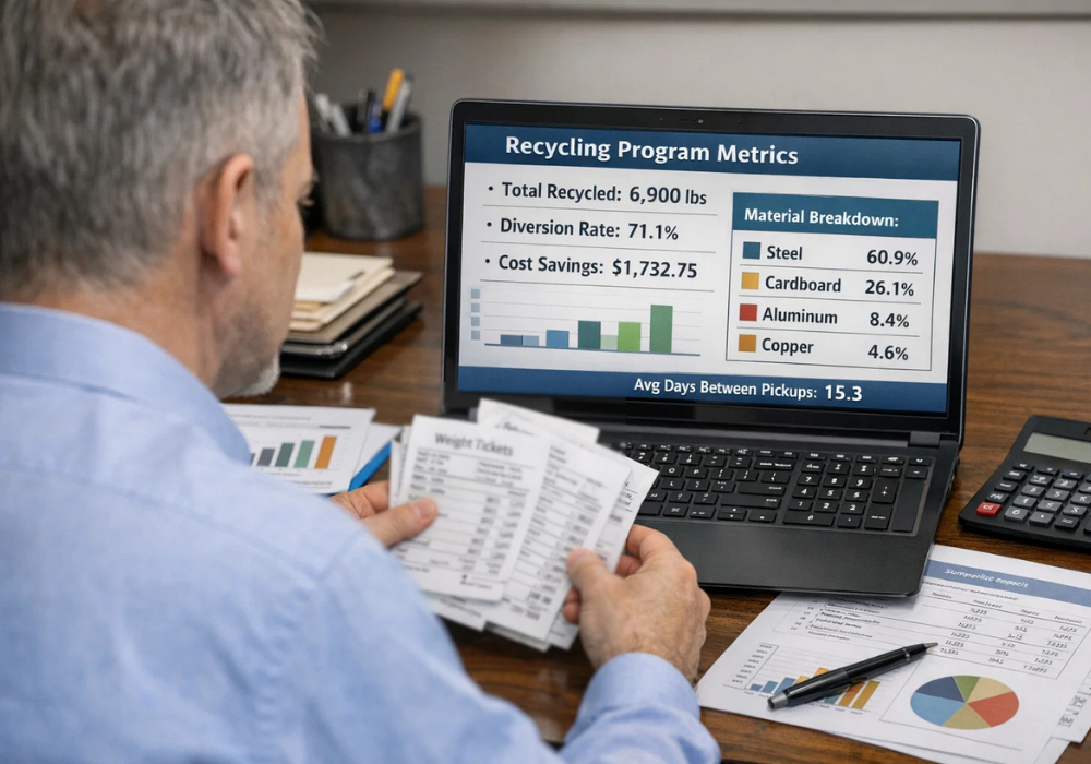 Business owner reviewing recycling program metrics and weight tickets to track diversion rates and cost savings