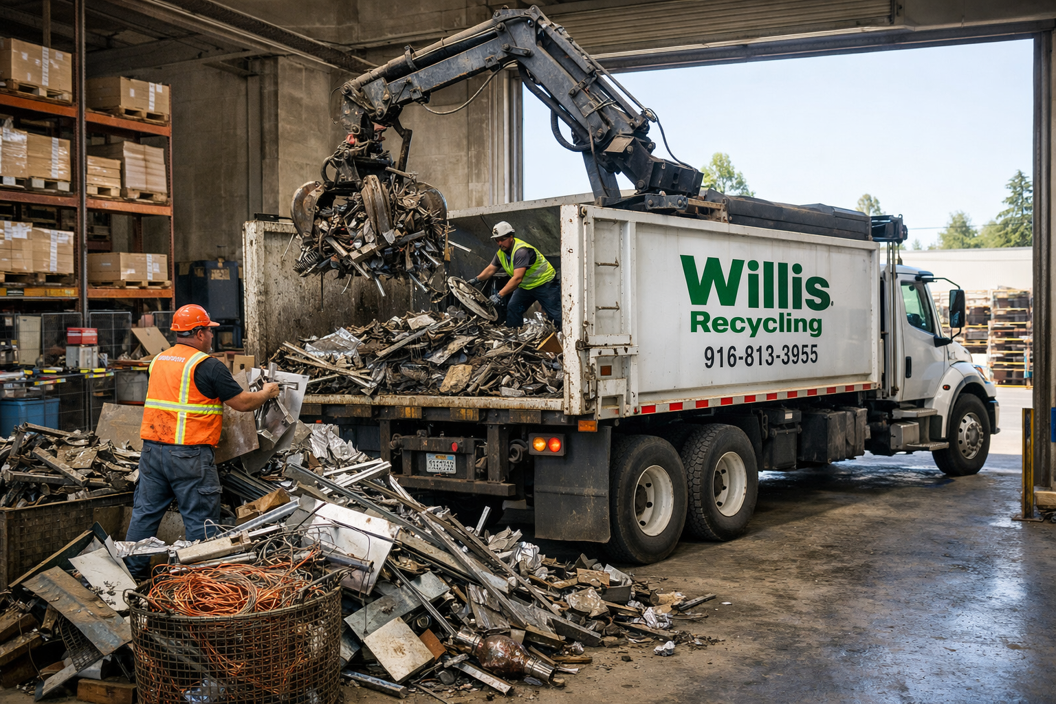 Willis Recycling truck loading commercial scrap metal during on-site pickup at Sacramento warehouse