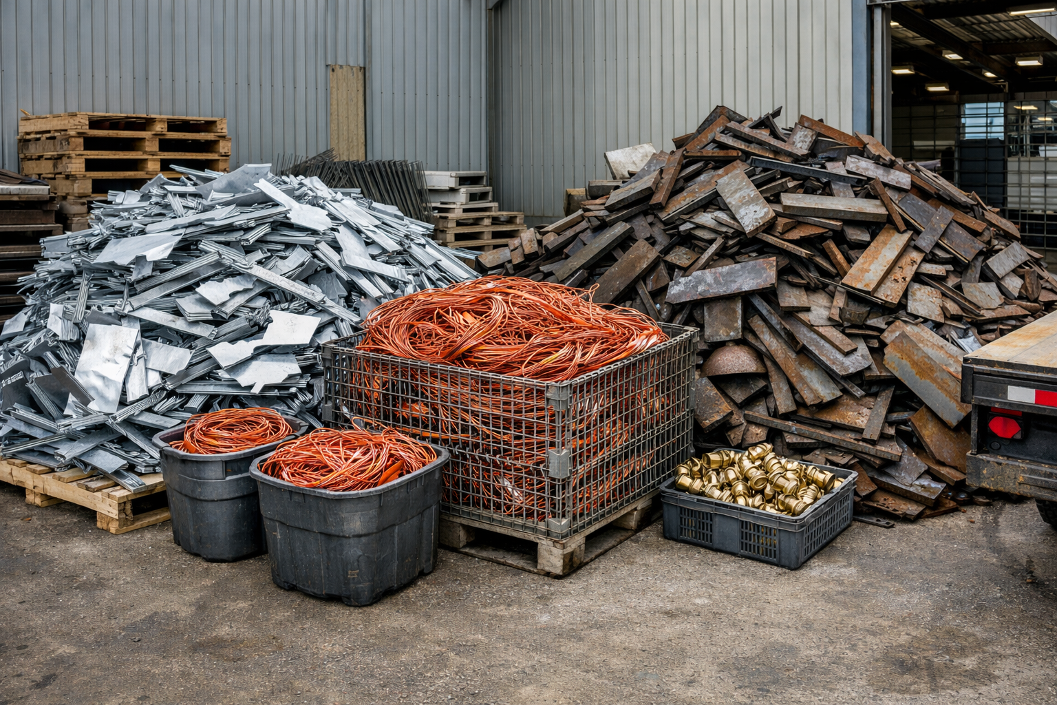 Commercial scrap metal materials including aluminum, copper wire, and steel ready for pickup