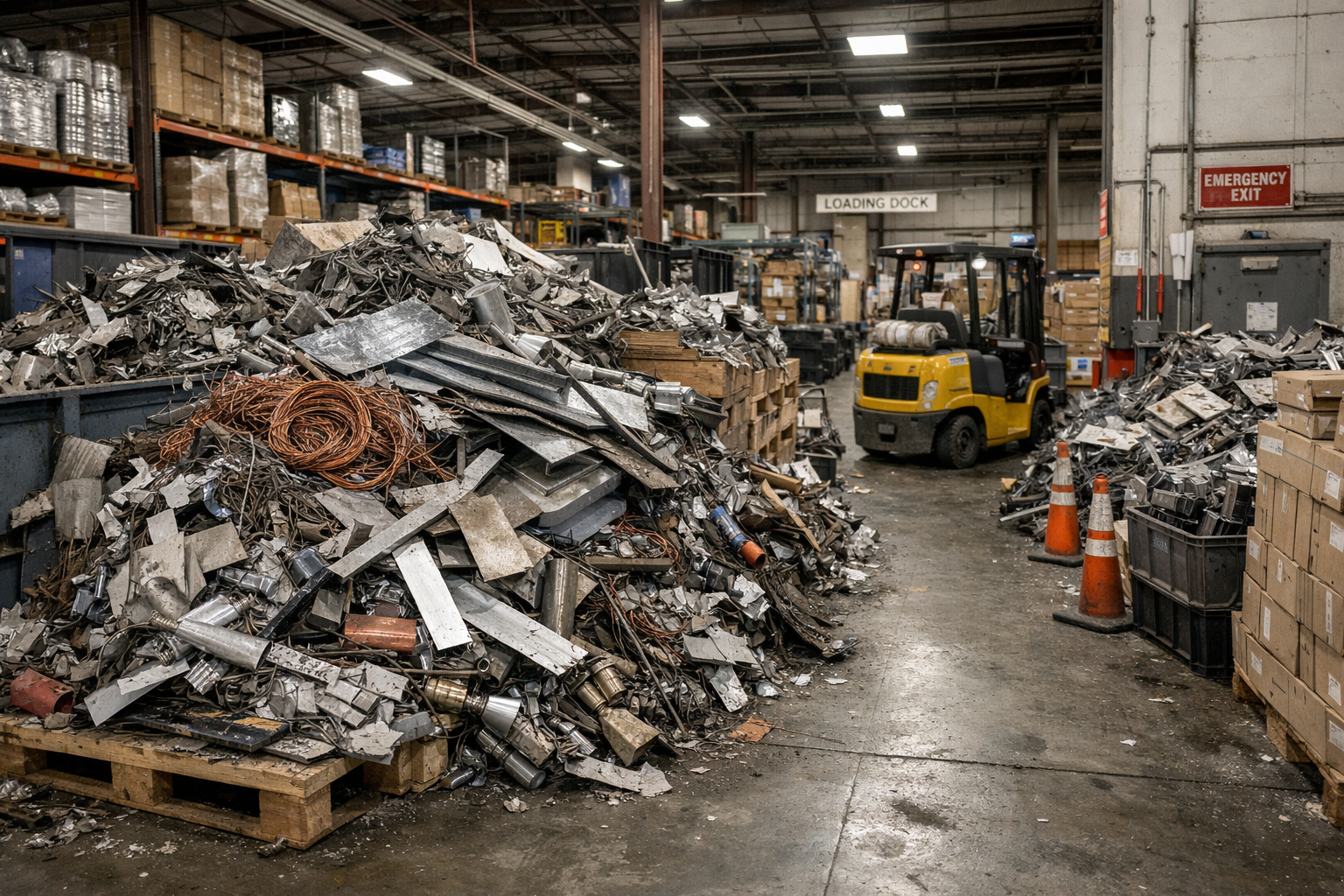Accumulated scrap metal piles blocking forklift lanes and production flow in Sacramento warehouse