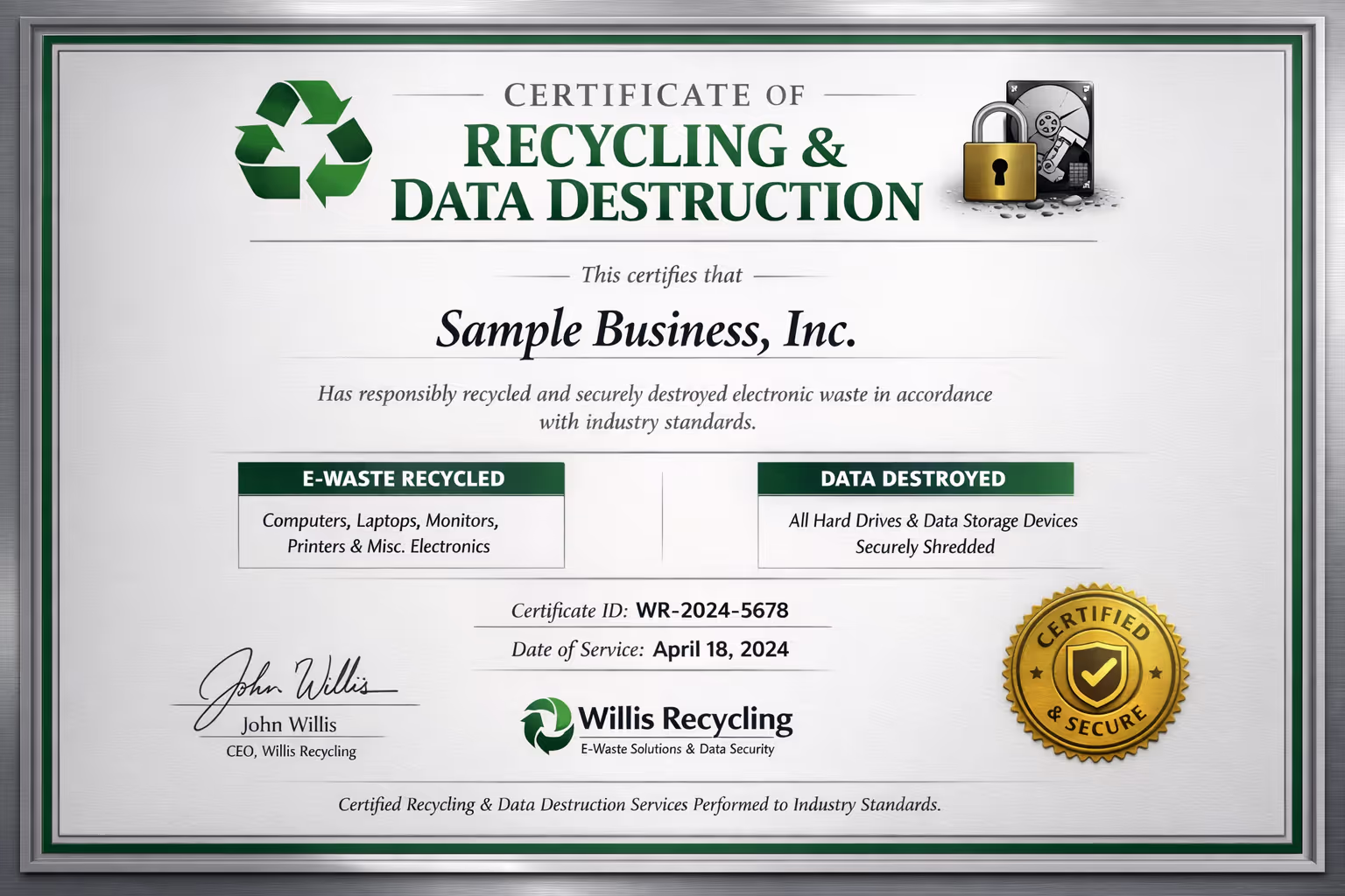 E-Waste Recycling Certificate Providing Compliance Documentation Certificate of recycling and data destruction from professional e-waste recycling service