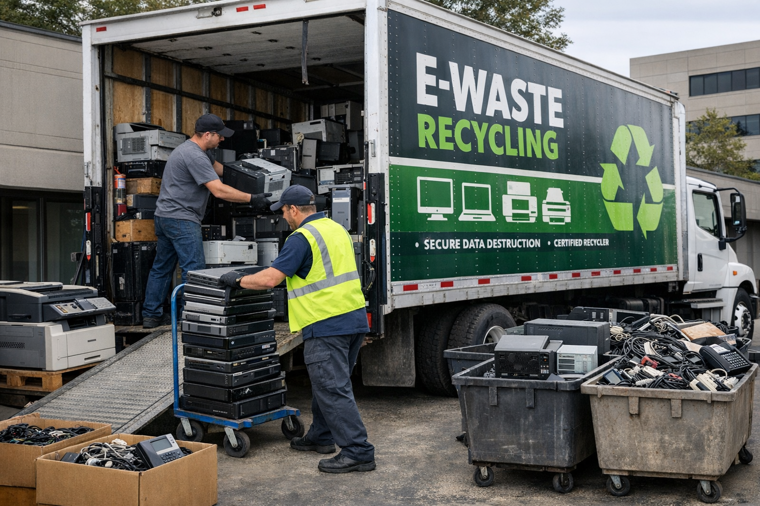 Mobile E-Waste Recycling Pickup Service Loading Electronics Commercial e-waste recycling truck being loaded with old business electronics for recycling