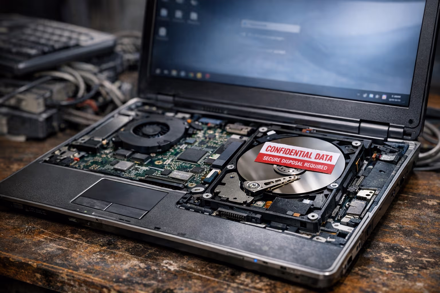 Old Laptop Hard Drive Containing Sensitive Data for E-Waste Recycling Open laptop showing internal hard drive containing data requiring secure e-waste recycling