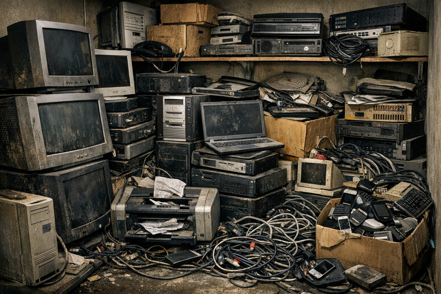 Business Storage Closet Full of Old Electronics for E-Waste Recycling Cluttered storage closet filled with old computers and electronics demonstrating need for e-waste recycling