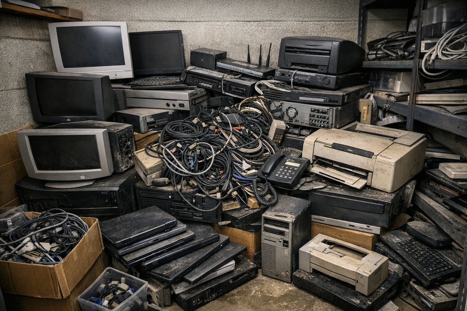 Pile of old computers and electronics in business storage closet showing e-waste recycling needs