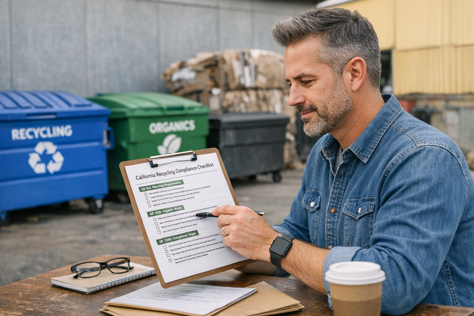 Business owner reviewing california recycling compliance checklist with waste containers visible
