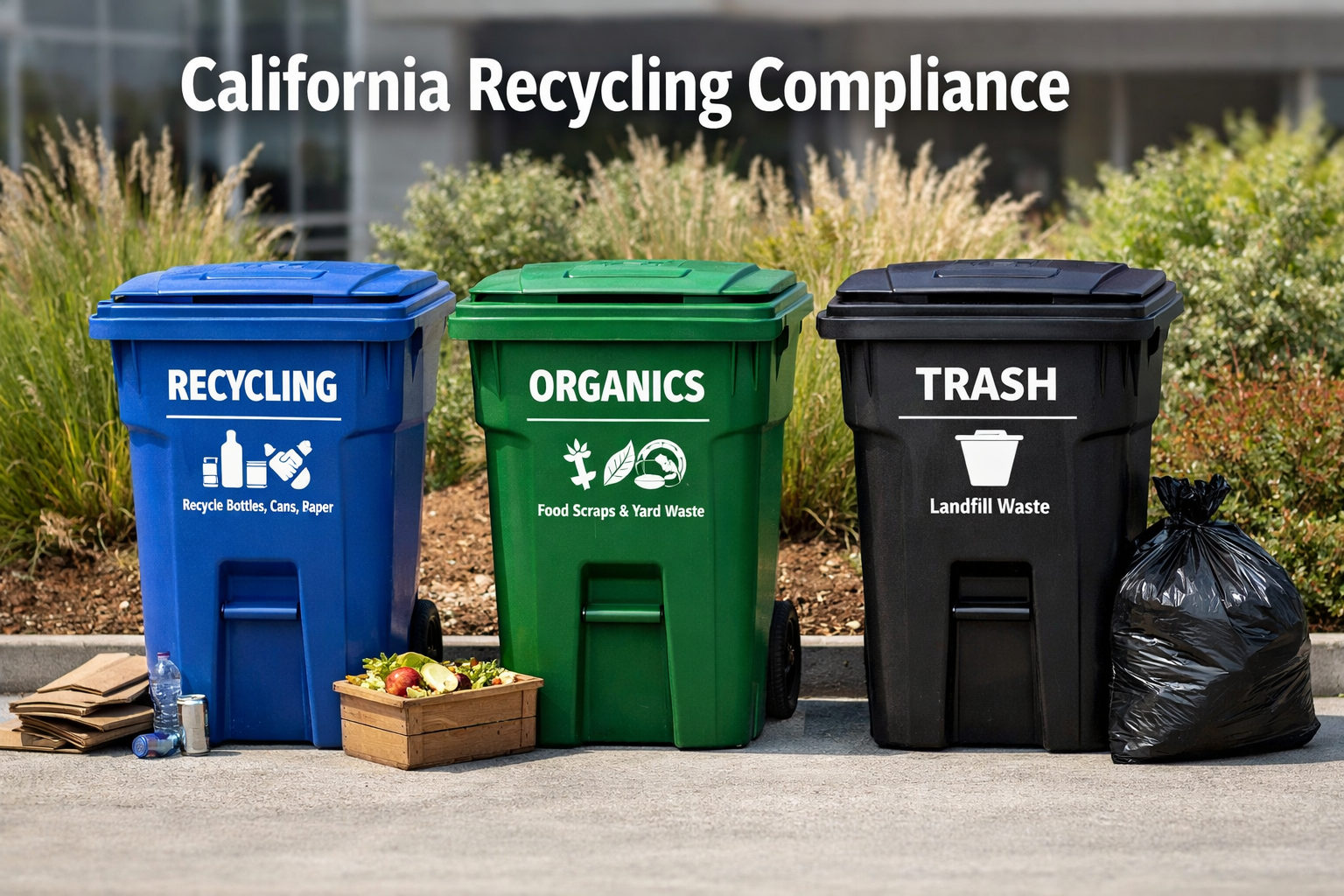 Three-bin california recycling compliance system showing recycling, organic waste, and trash containers