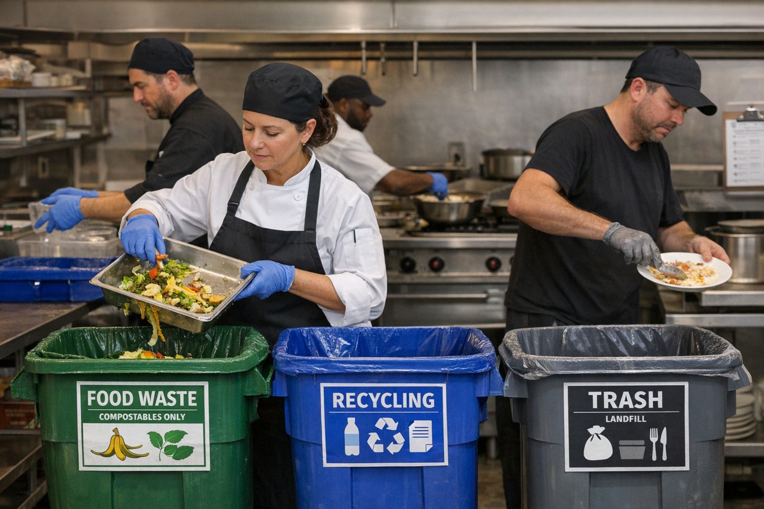 Restaurant kitchen staff separating food waste for california recycling compliance under SB 1383