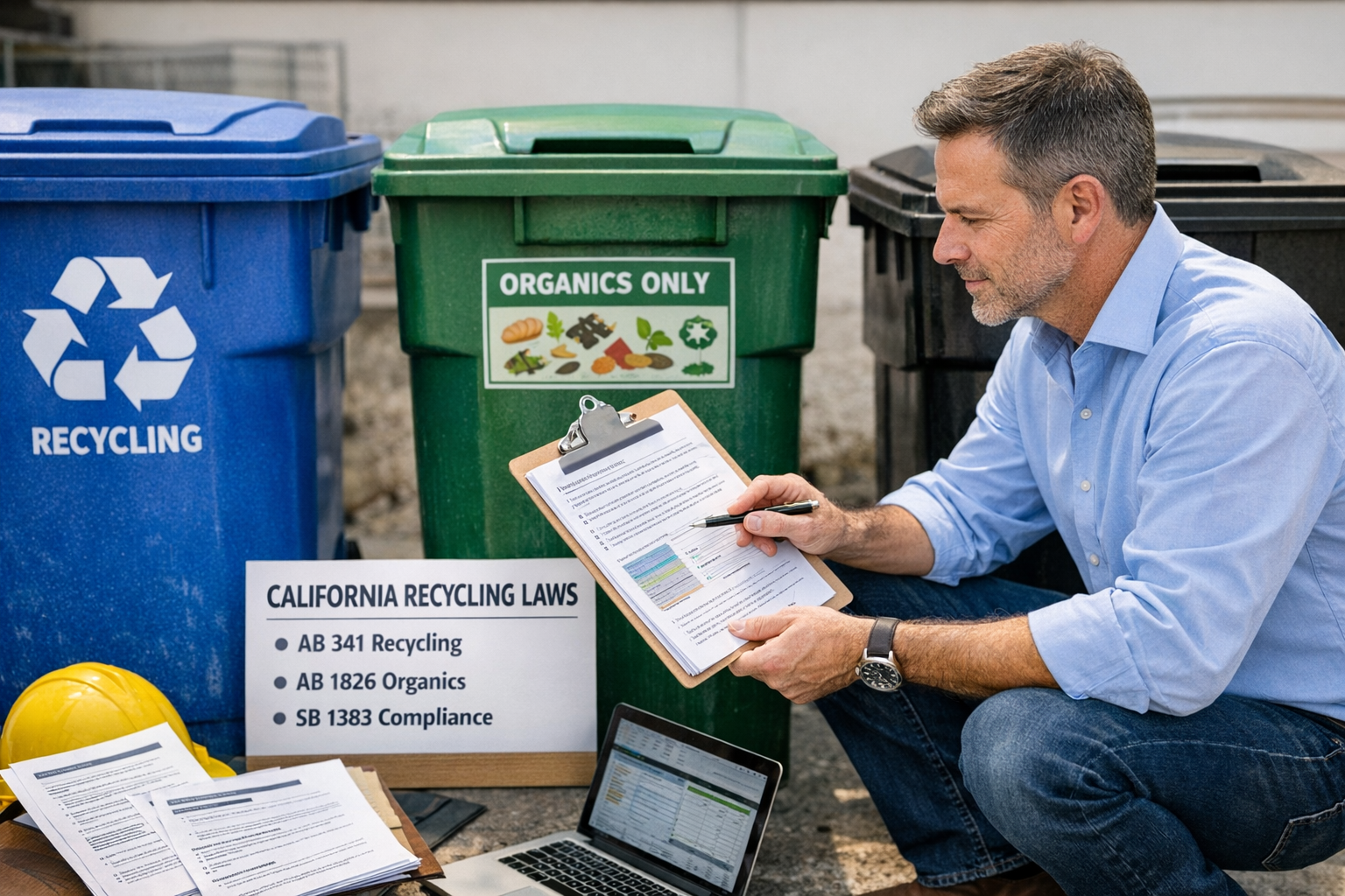 Business owner reviewing california recycling compliance requirements with waste containers